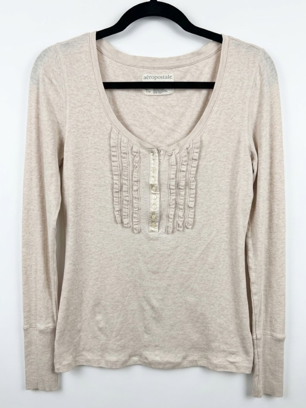 Vintage Y2K Aéropostale Ruffle Henley Top Oatmeal Beige TG / XL